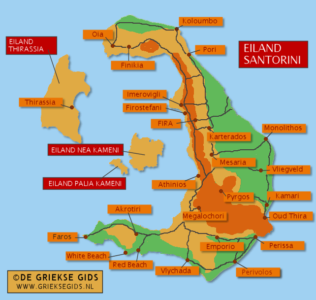 Landkaart Santorini - Plattegrond Santorini - Map of Santorini