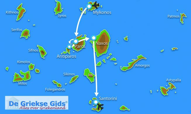 Kaart eilandhoppen Cycladen