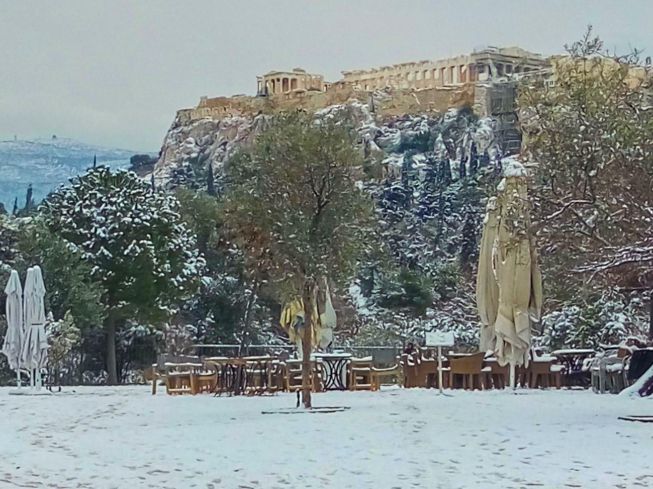 Sneeuw Akropolis Athene Griekenland