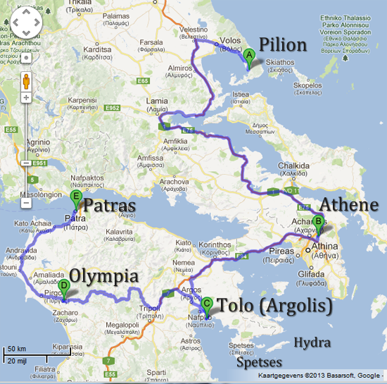 Route Pilion-Athene-Tolo-Olympia-Patras 809 km