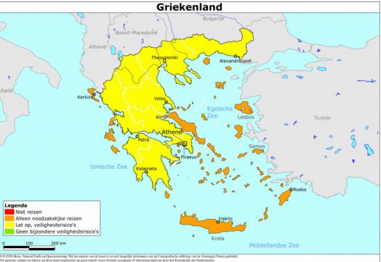Kaart Griekse eilanden, waar is het code oranje