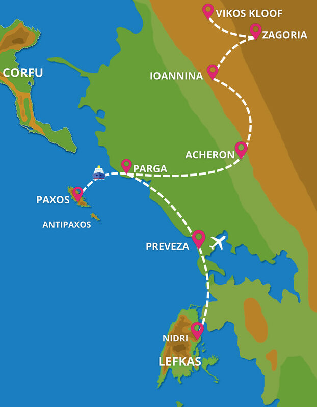 Kaart Parga, Paxos, Ioannina-stad, Zagori en Lefkas