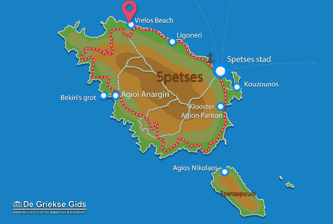 Waar ligt Vrelos beach Waar ligt Spetses