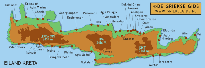 De landkaart van Kreta - Kaart Kreta - Reliefkaart Kreta