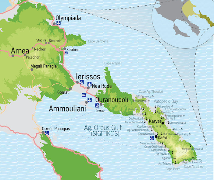 Landkaart Athos gebergte Chalkidiki - Plattegrond Mount Athos